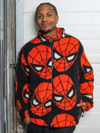 Unisex Spider-Man Sherpa Red Mask Pattern Black Full-Zip Jacket