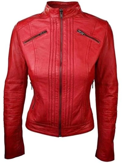 Women Slim Fit Red Motorcycle Jacket