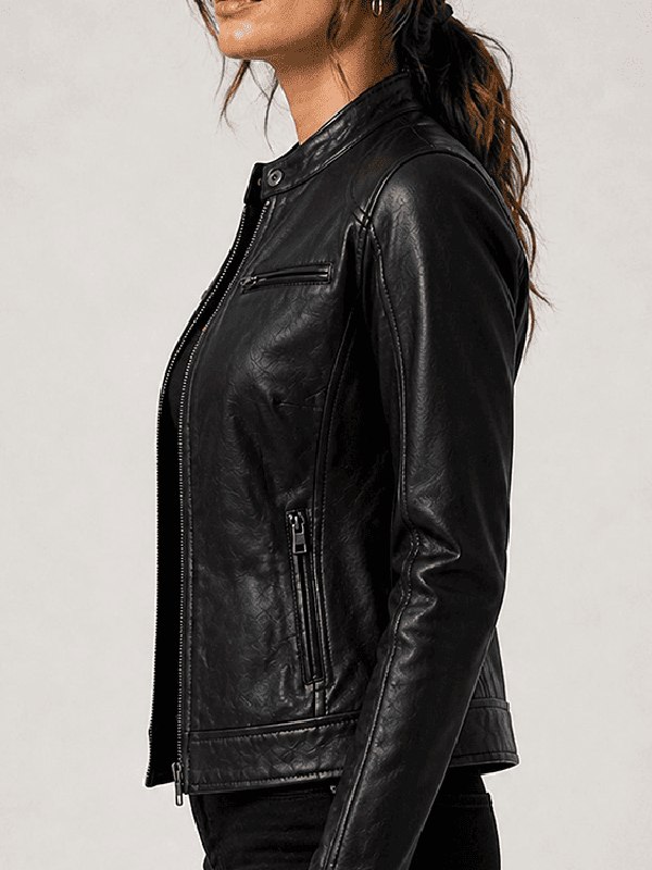Recreation - Women’s Black Leather Cafe Racer Biker Erect Neck Jacket Recreation - Women’s Black Leather Cafe Racer Biker Erect Neck Jacket
