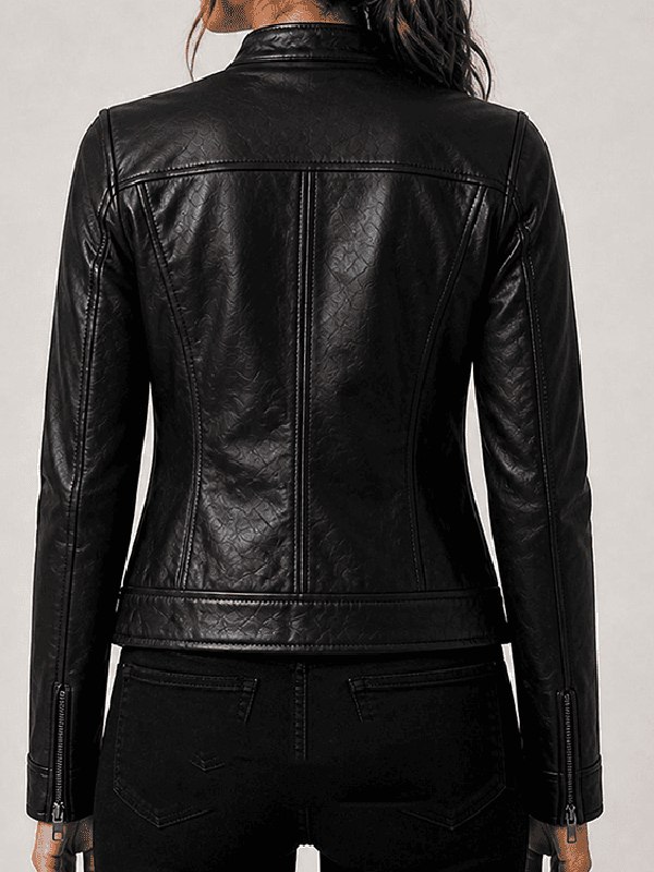 Recreation - Women’s Black Leather Cafe Racer Biker Neck Jacket Recreation - Women’s Black Leather Cafe Racer Biker Neck Jacket