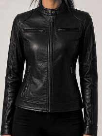 Women’s Black Leather Cafe Racer Biker Jacket