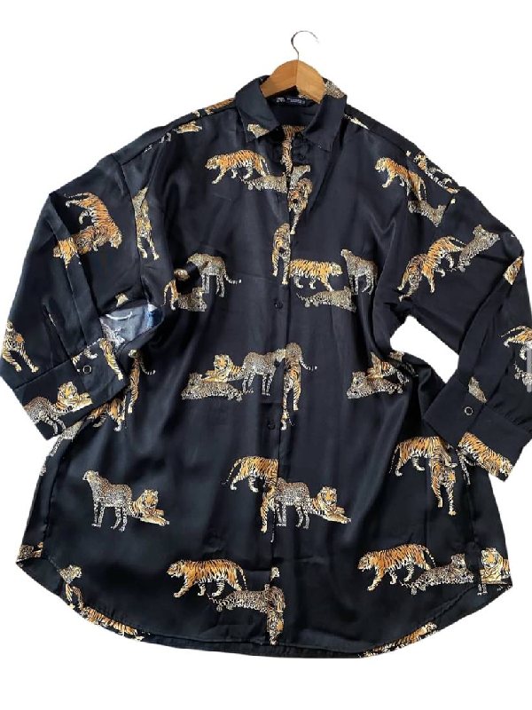Eva Green Just Play Dead Leopard Print Navy Satin Shirt Eva Green Just Play Dead Leopard Print Navy Satin Shirt