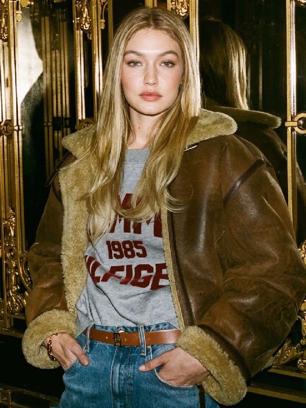 Gigi Hadid Shearling Leather Natural Cognac Aviator Brown Jacket Gigi Hadid Shearling Leather Natural Cognac Aviator Brown Jacket